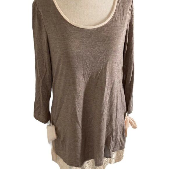 LC Lauren Conrad Womens Small Taupe Cream Layered Tunic Top3/4 Sleeves Bows  NWT - Picture 1 of 9
